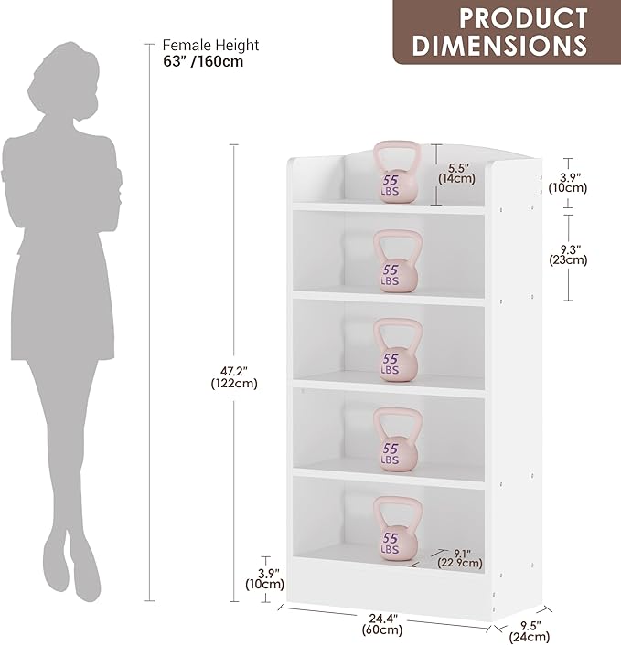 Zenira Modern 5 Tier 48 Inch Tall Bookcase, White Storage Display Unit, Open Shelving for Home Office