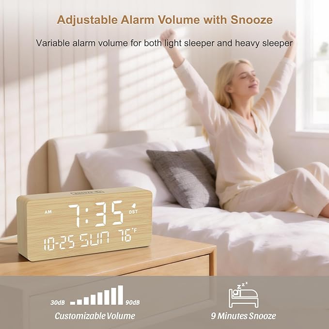 DreamSky Wooden Digital Alarm Clocks for Bedrooms - Living Room Desk Clock with Date and Day of Week, Temperature, USB Port, Dimmer Wheel, Adjustable Volume, Auto DST, Wood Decor for Office Table