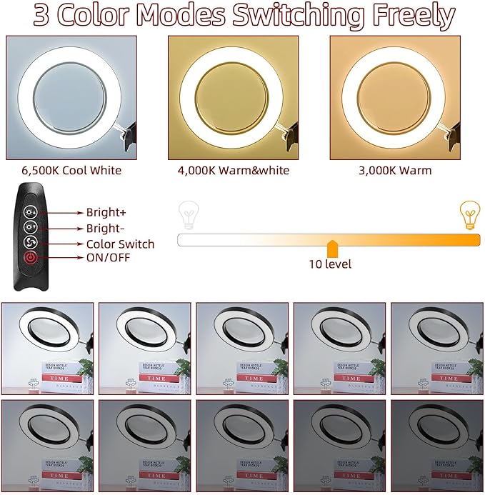 Desk Lamp with Lighting Magnifying Glass: 10x Magnifying Glass Light with 3 Color Modes and 10 Levels of Dimming