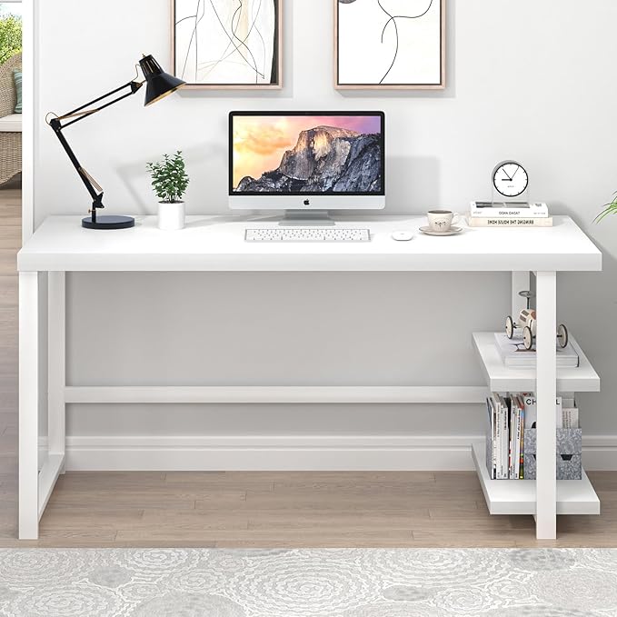 EXCEFUR White Computer Desk, Modern Home Office Desk with Storage Shelf, Wood and Metal Writing Study Table for Living Room Bedroom, 53 Inch