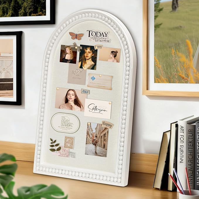 16" x 24" Linen Bulletin Board, Arched White Wood Frame with Beaded Trim, Decorative Pin Board Wall Organizer for Photos, Notes, Memo & Vision Board, 4060WH