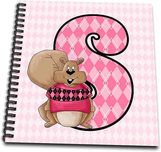 3dRose db_62878_1 S is for Squirrel in Pink for Girls Baby and Kids Monogram S in Argyle Prints Drawing Book, 8 by 8-Inch