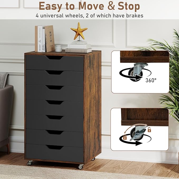 7 Drawer File Cabinet, 34.5" Vertical Storage Drawer Cart, Under Desk Office Organizer, Wooden Printer Stand, Rolling Filing Cabinet for Home Office (Rustic Brown)