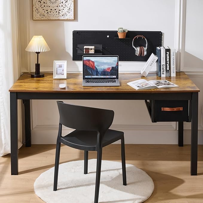 Computer Desk with Drawer, 63 Inch Large Home Office Work Desks, Modern Writing Study PC Desk Gaming Table for Bedroom Home, Stable Thick Metal Legs Frame Support （Rustic Brown）