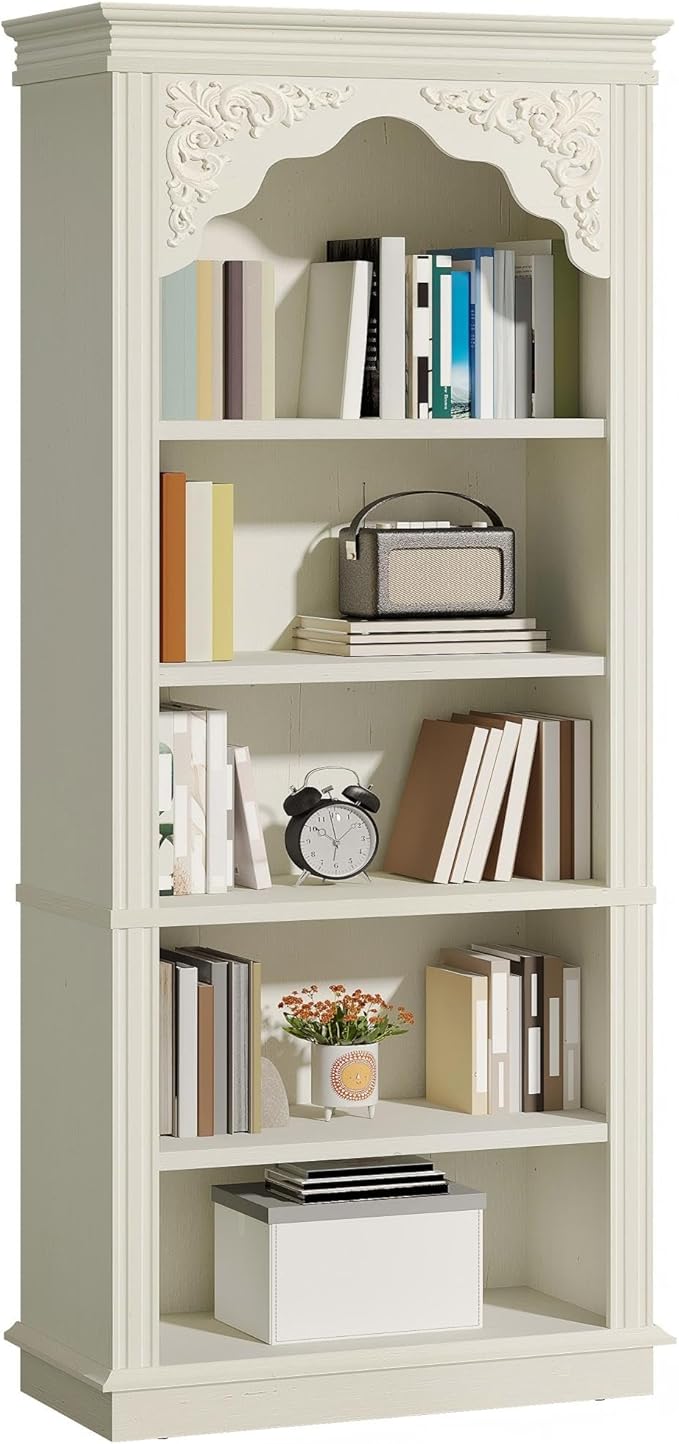 YITAHOME Vintage 72.4" Tall Bookshelf, 5-Tier Arched Bookcase with Storage, Roman Columns and Classical Carved Design, Open Display Rack with Adjustable Shelves for Living Room and Home Office, White