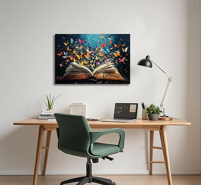 Colorful Butterfly Book Canvas Wall Art Butterfly Emerging From Book Picture Wall Decor Reading Enthusiasts Poster Print for Library Reading Room Bedroom Modern Reading Concept Home Decoration