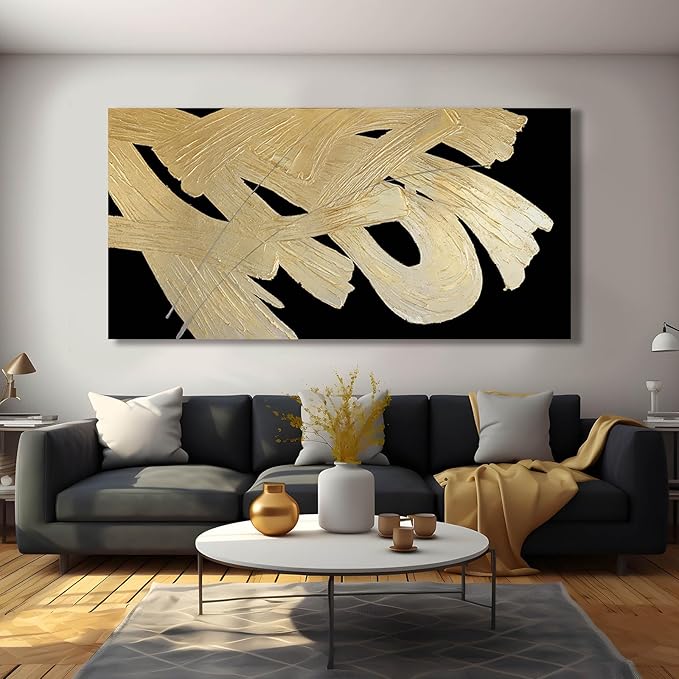 Framed Canvas Prints Gold Abstract Wall Painting on Black Background Graffiti Artwork Black Art for Office Living Room Modern Hanging Decor 24"x 48"
