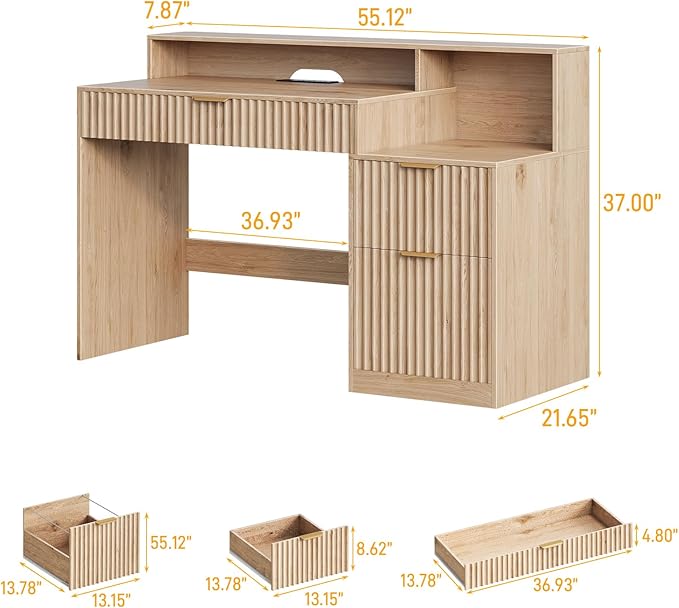 Vabches Fluted Computer Desk with Drawers, Home Office Desk with Power Outlets, Printer Stand and Storage Cabinet, Study Writing Desks with Long Monitor Stand, Oak