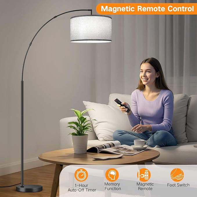 OUTON 81" Arc Floor Lamp, 12W 1080LM LED Dimmable Floor Lamp with 16" Gray Lampshade, Remote Control & Foot Switch, 4 Colour Temperatures, Tall Standing Lamp for Living Room Bedroom Office, Black