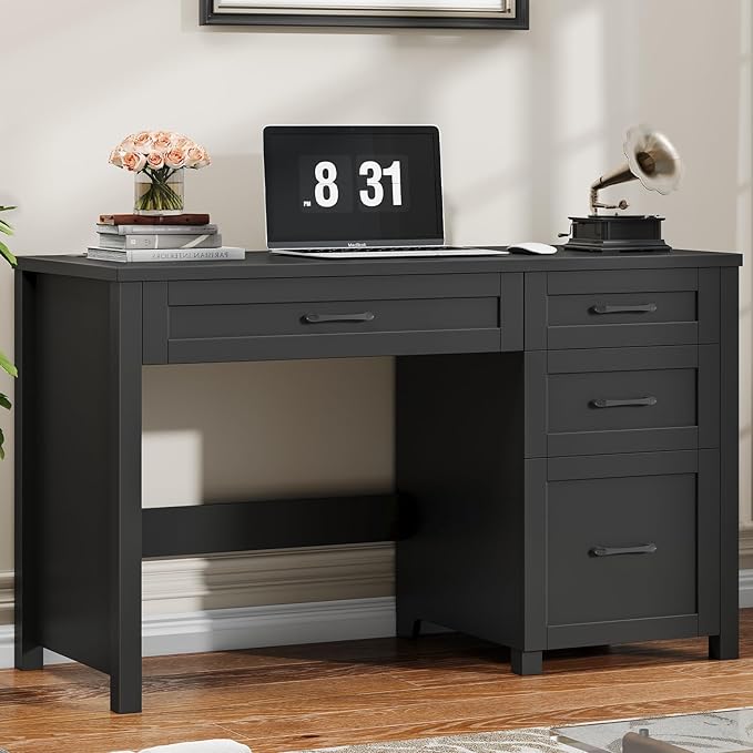 Vabches Farmhouse 47" Executive Desk, Computer Desk with File Drawer and Charging Station, Workstation for Home Office, Study,(Pure Black).