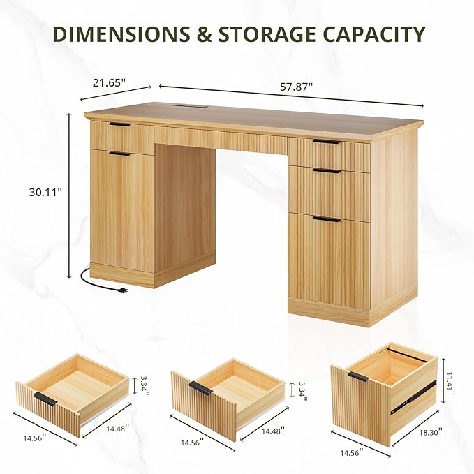 FURSUN 58" Executive Desk with Charging Station & File Drawer, Modern Fluted Home Office Desk with 5 Drawers & Keyboard Tray, Large Computer Writing Desk, Natural Oak