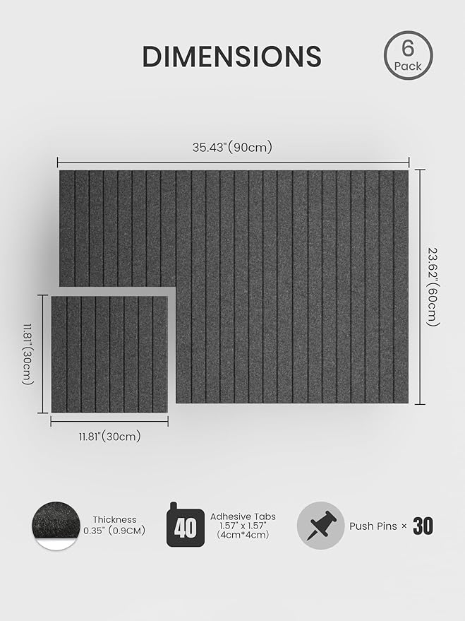 Bumusty Large Cork Board Alternative-36 x 24" Felt Bulletin Board Tiles, with 30 Pushpins, 40 Adhesive Tabs, 6-Pack Slat Wall Paneling, Cork Boards for Office Push Pin Board Felt Board-Charcoal Gray