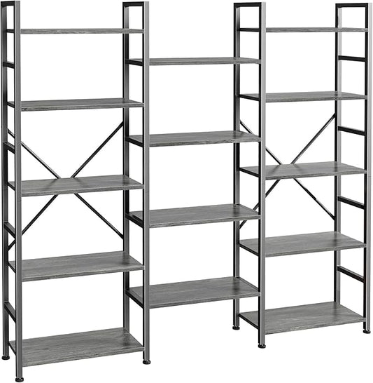 SUPERJARE Triple Bookshelf, Bookcase with 14 Open Display Shelves, Wide Book Shelf Book Case for Home & Office, 5 Tier, Grey