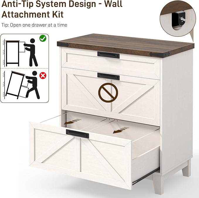 Vabches Lateral File Cabinet with 3 Drawers, Farmhouse File Cabinet for Legal/Letter/A4 Size Hanging Files, Large Wood Printer Stand Home Office, Rustic White