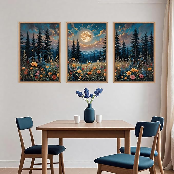 Large Nature Moon Wildflowers Framed Canvas Wall Art,Vintage Forest Flowers Wall Decor,Dark Mountain Night Wall Painting,Wilderness Artwork for Living Room,Bedroom,Dining Room,Office -24"x36"x3