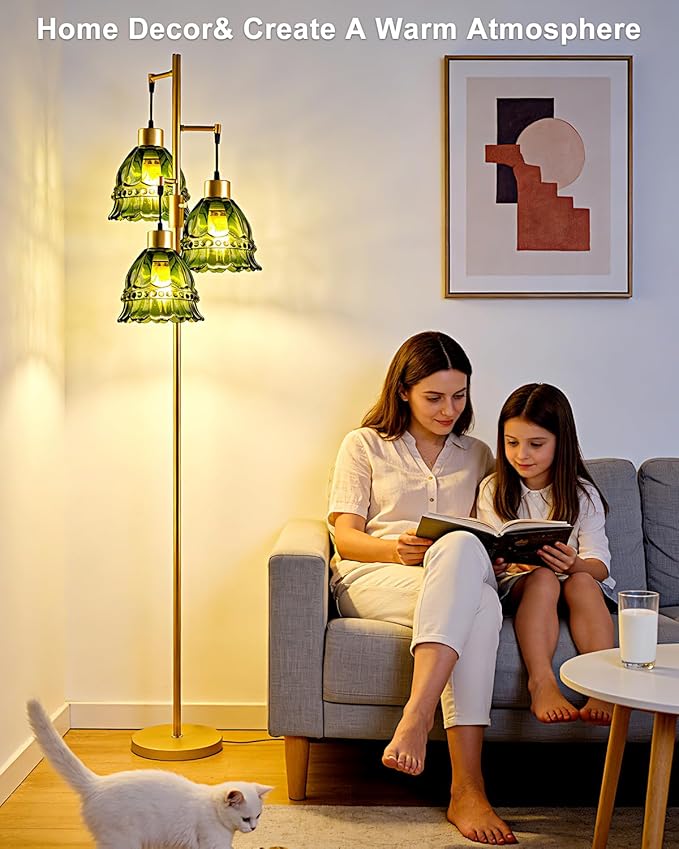 Lightdot 3-Lights Glass Floor Lamp Dimmable Gold Floor Lamp with Green Glass Shade 3000K Bulbs Included Unique Modern Standing Tall Lamp for Living Room/Bedroom/Sofa Beside/Corner Decor