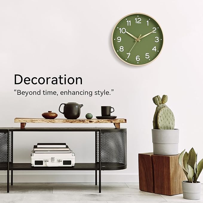 Wall Clock Green, 10 Inch Silent Wall Clocks Battery Operated-Modern Non Ticking Analog Clock Decorative for Kitchen Bedroom Office Bathroom(Gold)