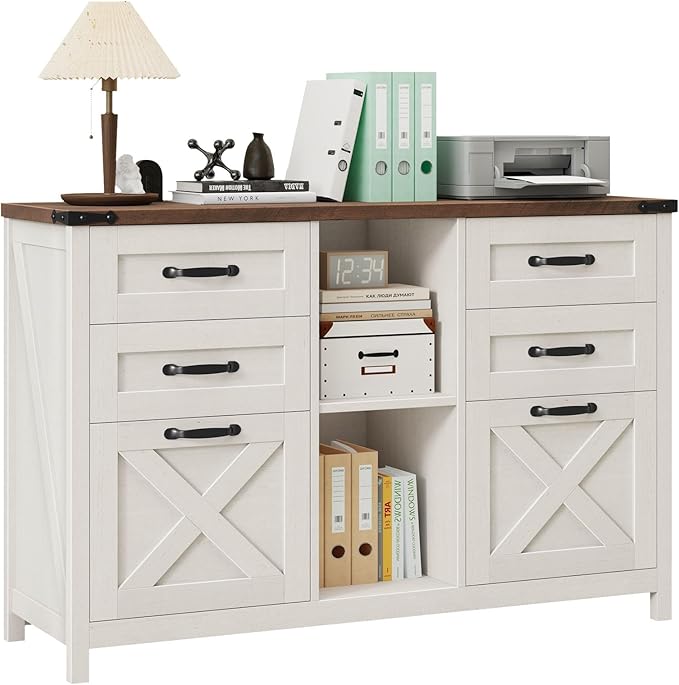 Lateral File Cabinet with 6 Drawers, Farmhouse Filing Cabinet for Letter/A4 Size, Wood File Storage Cabinets Printer Stand with Open Storage Adjustable Shelf for Home Office Cabinets, White and Brown