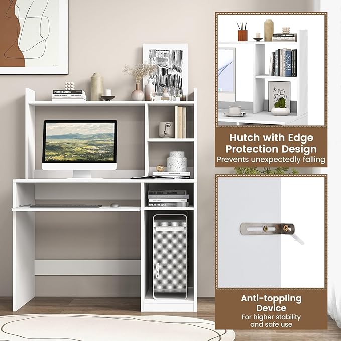 White Computer Desk with Hutch, Wood PC Table w/Power Outlet, Keyboard Tray and CPU Stand, Modern Writing Desk with Bookshelf for Bedroom, Simple Work Table for Home Office