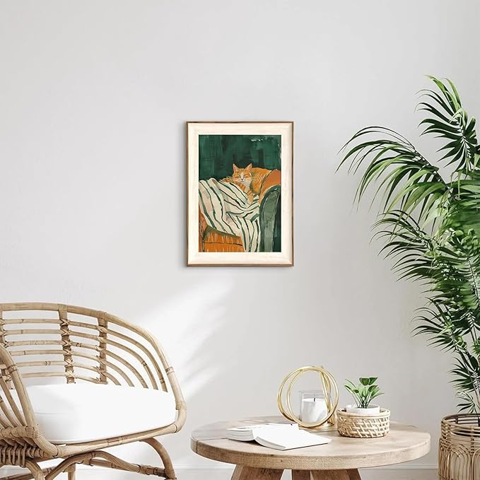 ASTRDECOR Minimalist Framed Wall Art - Cozy Cat Sleeping on Couch with Vintage Green & White Striped Blanket, Trendy Cute Orange Cat Canvas Posters, Modern Aesthetic Bedroom Apartment or Living Room Décor 12x16Inch