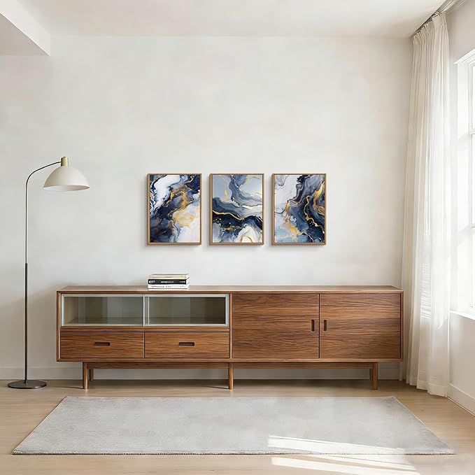 Abstract Navy Blue Framed Canvas Wall Art,Modern Gold Geometric Wall Decor,Vintage Ink Wash Painting,Neutral White Wave Artwork for Living Room,Bedroom,Dining Room,Office - 12"x16"x3