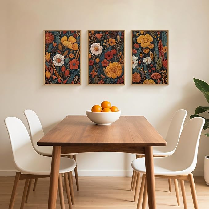 Boho Floral Framed Canvas Wall Art,Vintage Orange Flowers Wall Decor,Abstract Botanical Art Painting,Rustic Neutral Wildflower Artwork for Bedroom Living Room Office 16"x24"x3