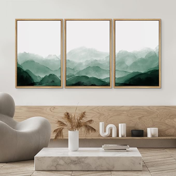 SIGNWIN Framed Canvas Print Wall Art Green Watercolor Mountains in Fog Nature Wilderness Illustrations Modern Art Rustic Scenic Relax/Calm Cool for Living Room, Bedroom, Office - 24"x36"x3 Natural