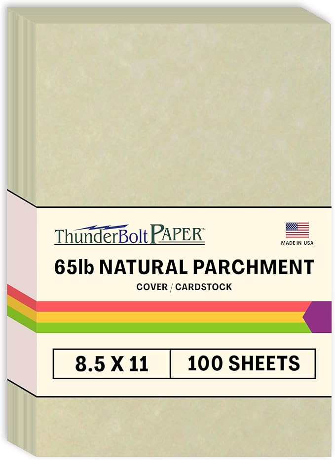 ThunderBolt Paper - 100 Natural Parchment 65lb Cover Cardstock Paper, 8.5 x 11 Inches, Letter Size, 176 GSM, Printable Old Parchment