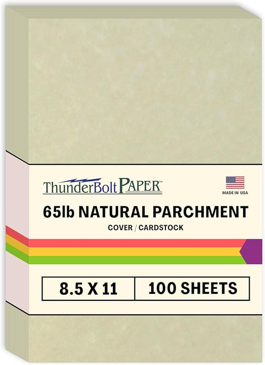ThunderBolt Paper - 100 Natural Parchment 65lb Cover Cardstock Paper, 8.5 x 11 Inches, Letter Size, 176 GSM, Printable Old Parchment