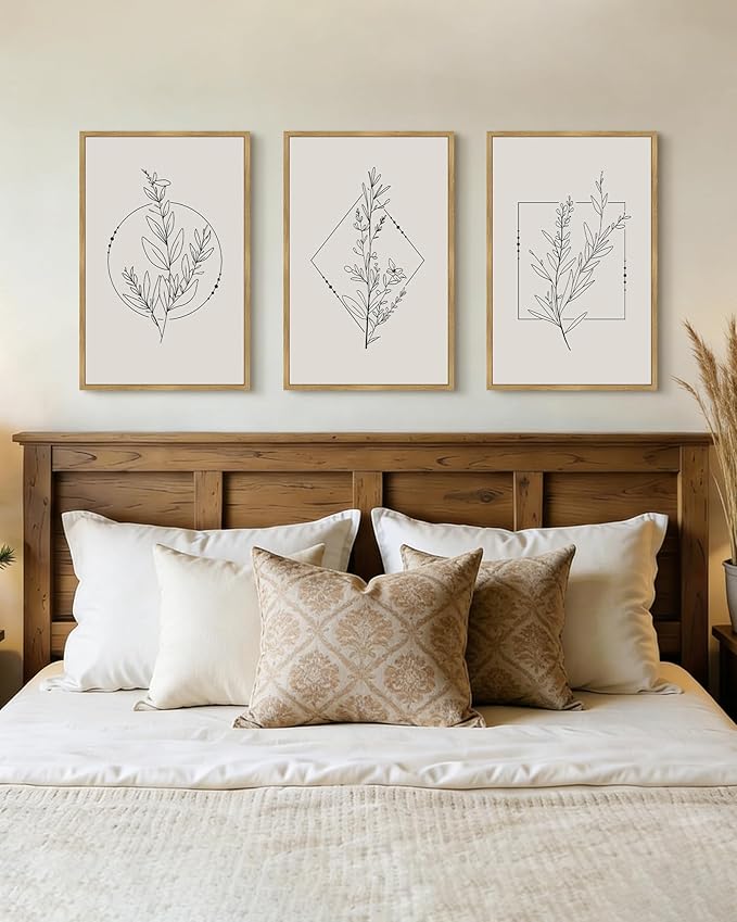 Drsoum Minimalist Flower Wall Art Vintage Wall Hanging Decor Black Line Botanical Prints Artwork for Bedroom Living Room Hallway 16x24in Natural Framed