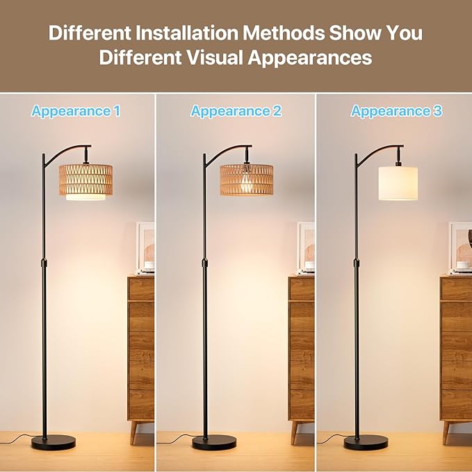 Boho Floor Lamp - Arched Floor Lamps for Living Room, Farmhouse Floor Lamp with 3 Color Temperature Black Standing Lamp with Rattan & Fabric Double Shade Bohemian Rattan Floor Lamps for Bedroom Office