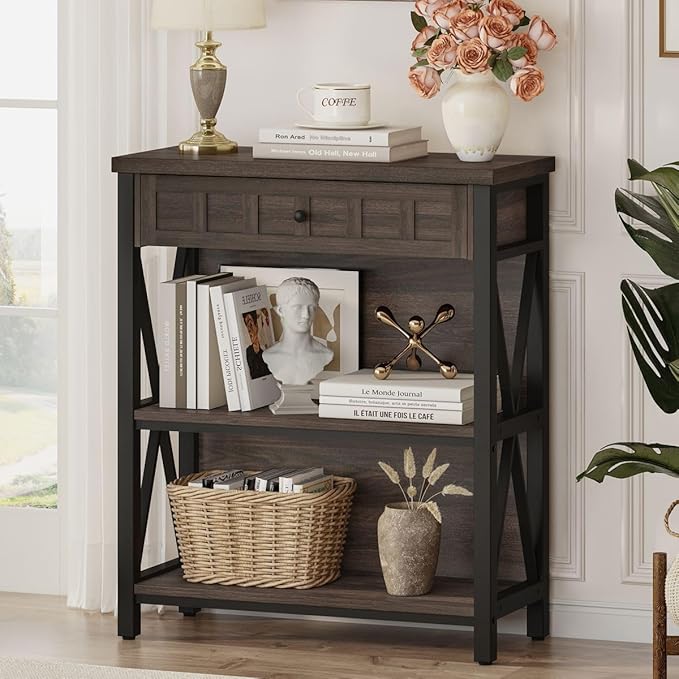 FATORRI Small Bookcase with Drawer, Industrial 3 Shelf Bookshelf, Wood and Metal Book Shelf, Short Book Shelves and Low Book case for Small Space (Dark Walnut)