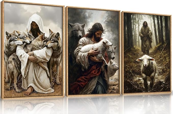 KAIRNE Easter Christian Wall Art Set of 3, The Good Shepherd Canvas Prints, Vintage Bible Verse Decor with Lamb and Wolf Symbolism, Religious Home Decor for Living Room, Bedroom 24x36 Inch