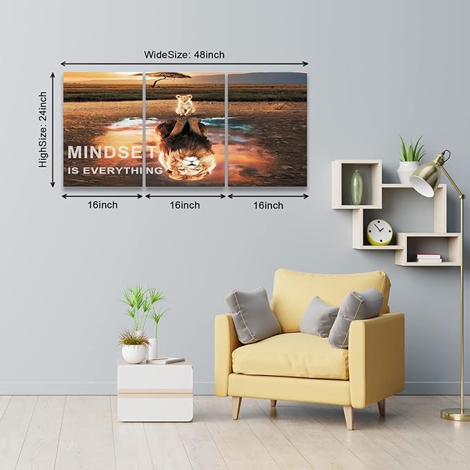 Mindset Is Everything Wall Art Lion Motivational Canvas Wall Art Posters Prints 3 Pieces Inspirational Quote Painting for Office Bedroom Decor