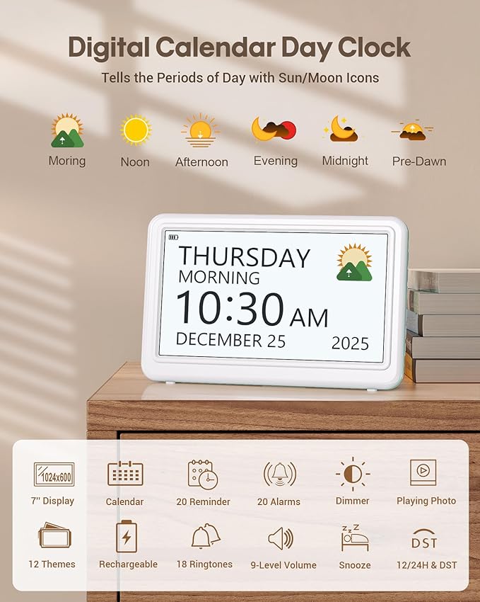 Digital Clock with Date and Day of Week, Dementia Clocks Battery Operated Alarm Clock with 20 Alarms and Medicine Reminders, 7" Large Display Desk Clock for Elderly, White (With Rechargeable Battery)
