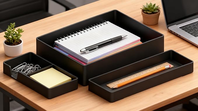 Amazon Basics Rectangular Plastic Desk Organizer Bundle, 3 Pieces with Half Accessory Tray, Small, Black