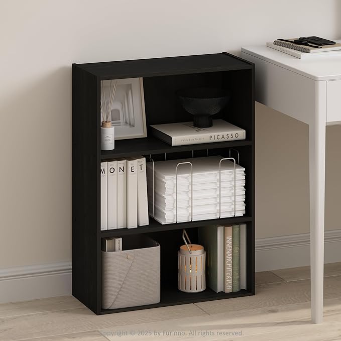 Furinno Simple Book Shelf, 3-Tier Bookshelf, Storage Shelves Bookcase, 9.7 x 23.7 x 31.5, for Living Room, Bedroom, Home Office, Espresso