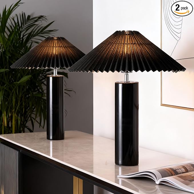 Ceramic Table Lamps for Bedroom Set of 2, Adjustable Shade Lamps for Night Stands, Modern Cylindrical Nightstand Table Lamps 5W E26 for Bedroom Bedside Buffet, Black