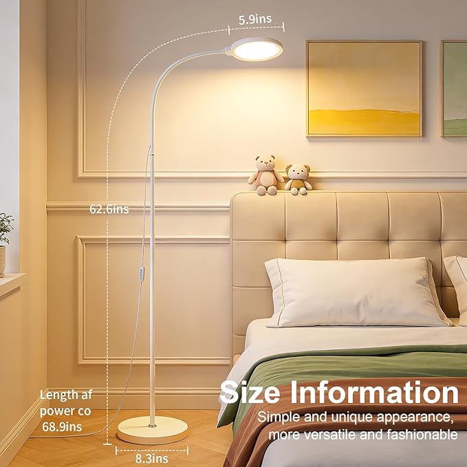 White Modern Bright LED Floor Lamp Adjustable Gooseneck Standing Lamp with Dimmer & Color Temperature, for Living Room,Kids Bedroom,Office, Nursery Library Desk Reading Light, Eyelash Makeup light