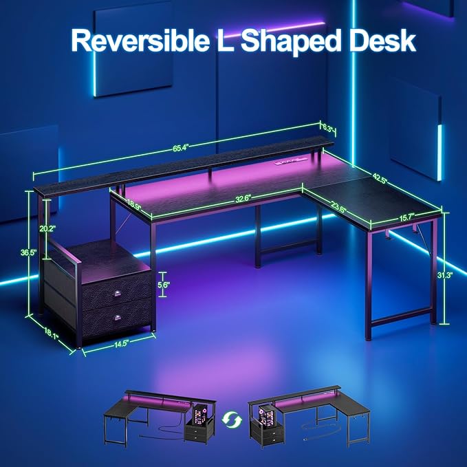 Furologee 66" L Shaped Gaming Desk with Power Outlet & LED Lights, Reversible Corner Computer Desk with 2 Drawers & Storage Shelves for Home Office, Large PC Table with Monitor Stand, Black