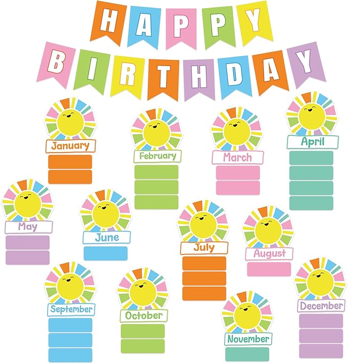 JarThenaAMCS 85Pcs Happy Birthday Bulletin Board Set Colorful Sun Calendar Poster Cartoon Cute Classroom Birthday Chart for Back to School Nursery Wall Decorations