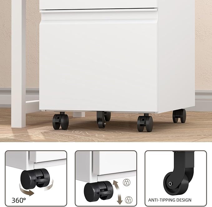 2 Drawer File Cabinet with Lock,Metal Filing Cabinet with Wheel,White Rolling File Cabinets,Moblie Under Desk Office Cabinets for Home Office,Fit A4/Letter/Legal