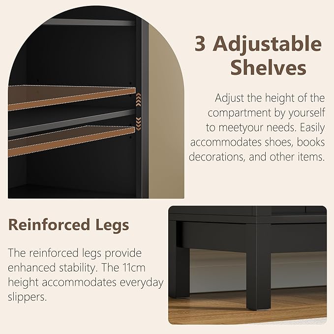 Tall Arched Bookshelf, 7-Tier Bookcase with 3 Adjustable Shelves, Modern Farmhouse Storage Shelf for Living Room, Entryway, Office, 29.5" W x 70.1" H x 13.8" D, Black