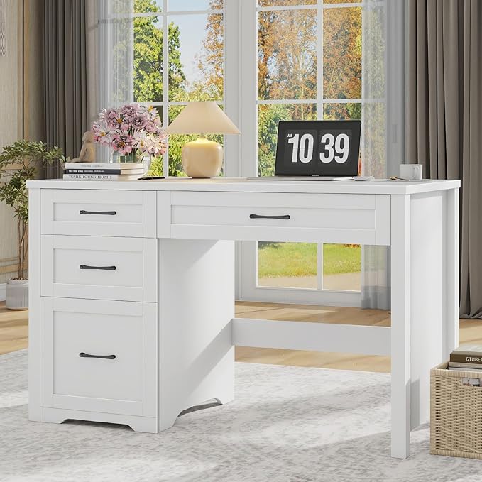 Farmhouse 47" Executive Desk with File Drawer, Wood Computer Desk with 3 Storage Drawers, Workstation for Home Office, Study, Writing.White