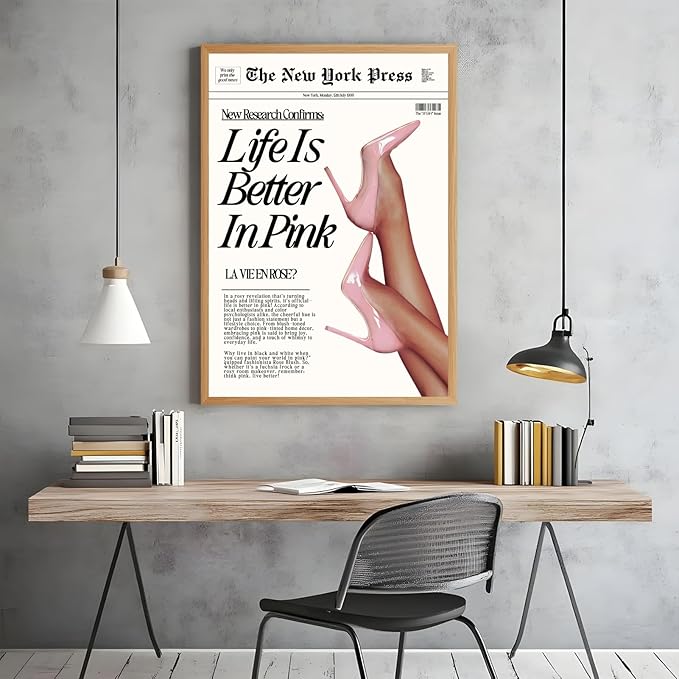 Trendy Baby Pink Hot Girl Poster Life Is Better In Pink Newspaper Wall Art Retro High Heel Picture 70s News Headline Canvas Prints Aesthetic Decor for Girly Bedroom Dorm 16x24inch Wood Color Framed