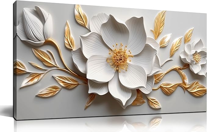 Canvas Wall Art for Living Room Bedroom Office White and Gold Flower Artwork Large Botanical Floral Wall Art Framed Wall Decor Modern Canvas Prints 20x40 In
