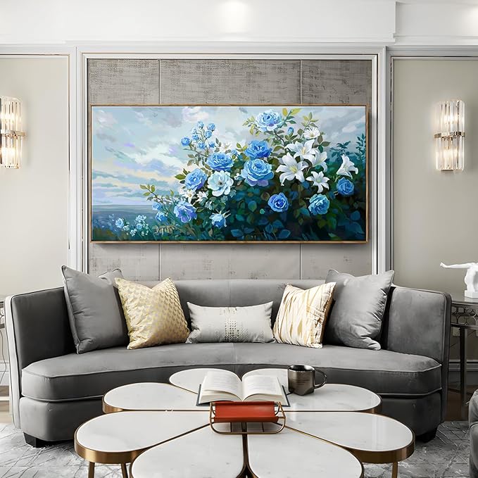 Framed Extra Large Botanical Wall Art – Blue and White Flower Canvas Painting for Living Room Bedroom – Rustic Wood Frame Floral Décor 58x29 Inch