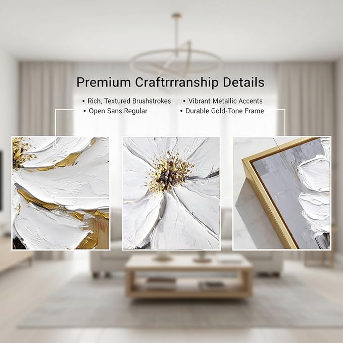 3 Piece Framed Canvas Wall Art for Living Room, Textured White Floral Abstract Oil Painting with Gold Frame, Modern Luxury Flower Wall Decor with Gold Gray Background for Bedroom Office 28x60 inches