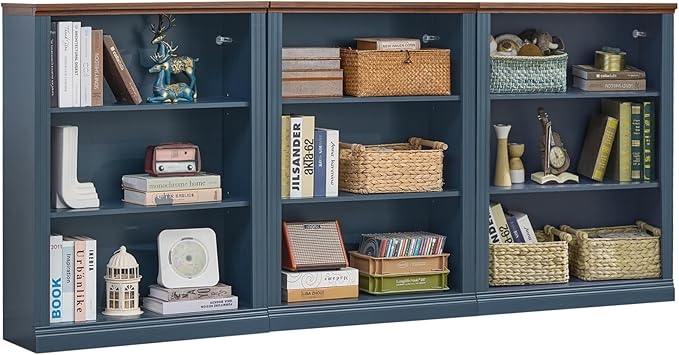 43" Blue Tall Bookshelf Set of 3,3-Tier Thick Wooden Book Shelf with Adjustable Shelves,Free Standing Farmhouse Bookcase with Open Display Storage,Floor Vintage Bookshelves for Living Room ﻿