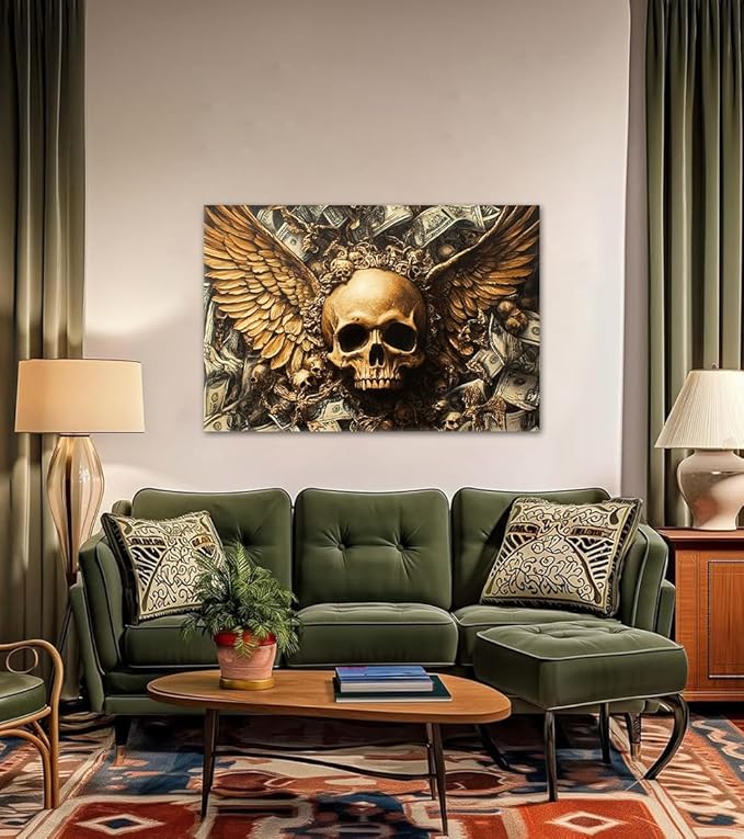 Money Wall Art Skull Stacked Dollar Posters Wall Decor Wealth and Death Concept Canvas Artwork Suitable for Gothic Style Home Living Room Bedroom Ready to Hang 24x36inch